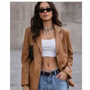 Vintage LNR Tan Leather Blazer – 90s Minimalist Jacket Medium